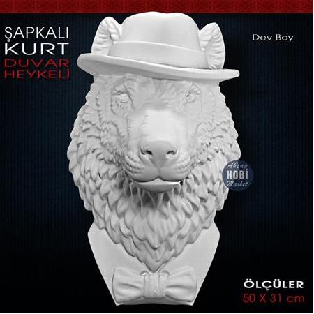 Şapkalı Kurt Dev Duvar Heykeli (50x31 cm) Ham Polyester