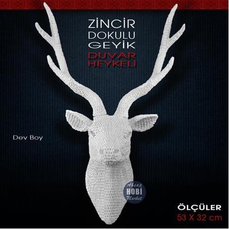 Zincir Dokulu Geyik Duvar Heykeli Dev Boy (53x32 cm) Ham Polyester