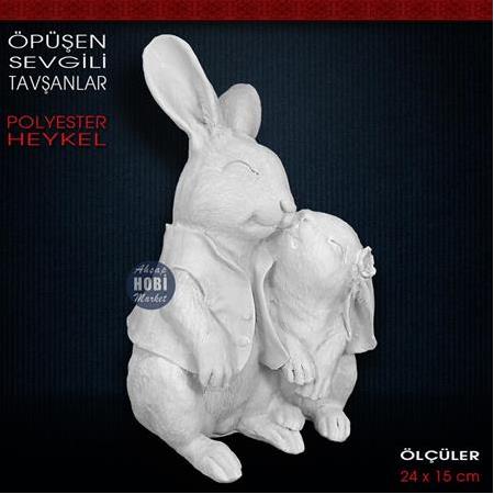 Öpüşen Sevgili Tavşanlar Biblo (24x15 cm) Ham Polyester