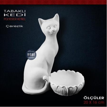 Tabaklı Kedi Biblo Çerezlik (20x16 cm) Ham Polyester