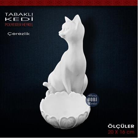 Tabaklı Kedi Biblo Çerezlik (20x16 cm) Ham Polyester