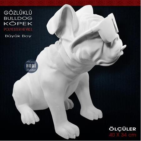 Gözlüklü Bulldog Köpek Heykeli Dev Boy (40x34 cm) Polyester
