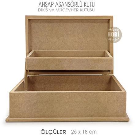 Asansörlü Dikiş ve Mücevher Kutusu (26x18 cm) Ham Ahşap Büyük