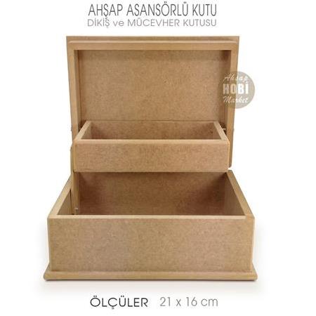 Asansörlü Dikiş ve Mücevher Kutusu (21x16 cm) Ham Ahşap Küçük