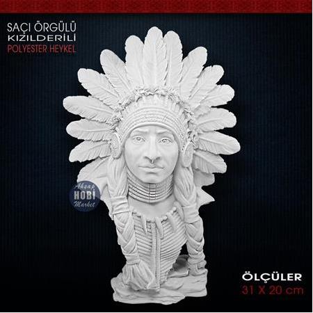 Saç Örgülü Kızılderili Heykeli (31x20 cm) Ham Polyester