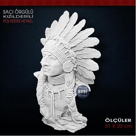 Saç Örgülü Kızılderili Heykeli (31x20 cm) Ham Polyester
