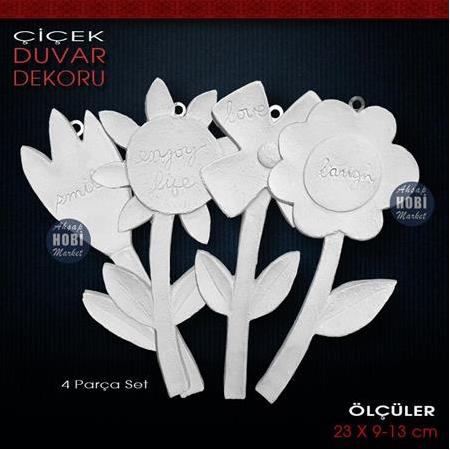 Çiçek Duvar Dekorları Seti (4 Parça) Ham Polyester