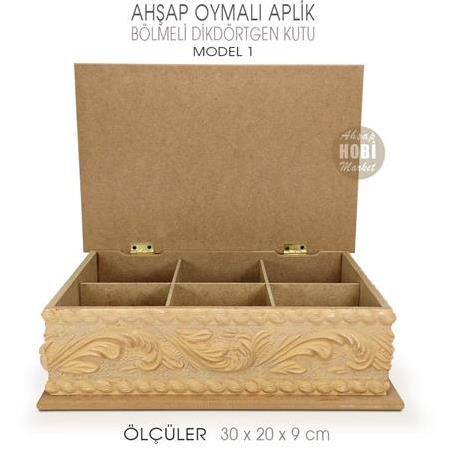 Ahşap Dikdörtgen Oymalı Aplik Bölmeli Kutu (30x20 cm) Model 1