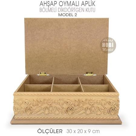 Ahşap Dikdörtgen Oymalı Aplik Bölmeli Kutu (30x20 cm) Model 2