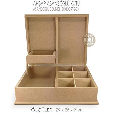 Asansörlü Bölmeli Çok Amaçlı Kutu (29x25 cm) Ham Ahşap Büyük
