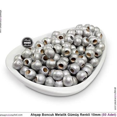 Metalik Gümüş Ahşap Boncuk - 10mm - 50'lik Paket