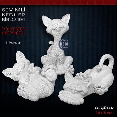 Sevimli Kediler Biblo Heykel Seti (3 Parça) Ham Polyester