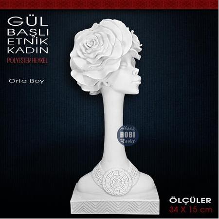 Gül Başlı Etnik Kadın Biblo Orta Boy (34x15 cm) Ham Polyester