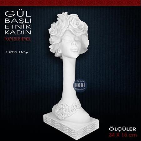 Gül Başlı Etnik Kadın Biblo Orta Boy (34x15 cm) Ham Polyester