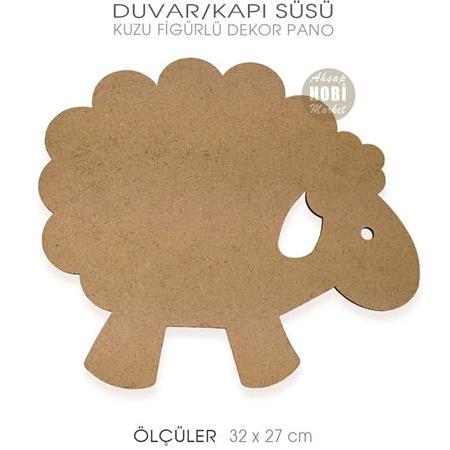 Kuzu Figürlü Ahşap Duvar Pano Kapı Süsü (32x27 cm)