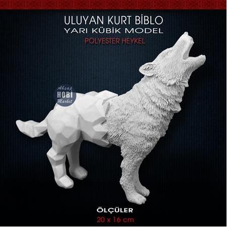 Uluyan Kurt Heykeli Yarı Kübik Biblo (20x16 cm) Ham Polyester