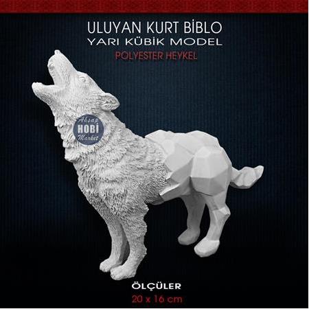 Uluyan Kurt Heykeli Yarı Kübik Biblo (20x16 cm) Ham Polyester