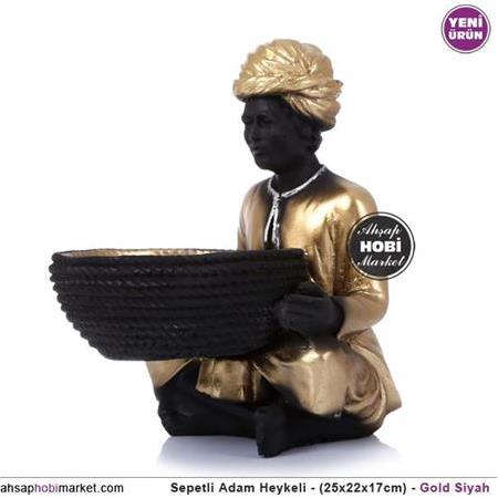 Sepetli Adam Heykeli - Orta Boy - Gold Siyah (25x22x17cm)