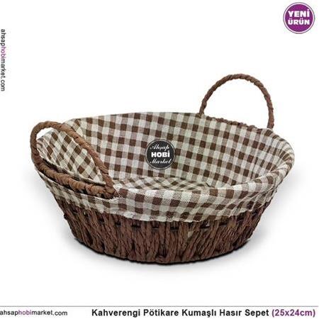 Hasır Ekmek Sepeti - Kahverengi Pötikare Kumaşlı (25x24cm)
