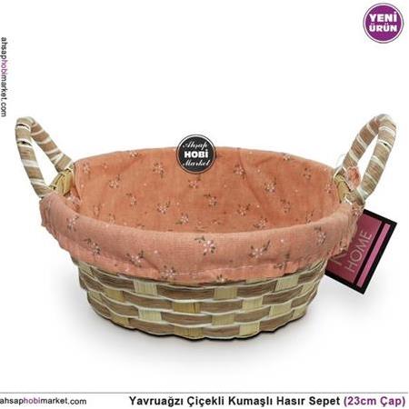 Hasır Ekmek Sepeti - Yavruağzı Çiçekli Kumaşlı (23cm Çap)