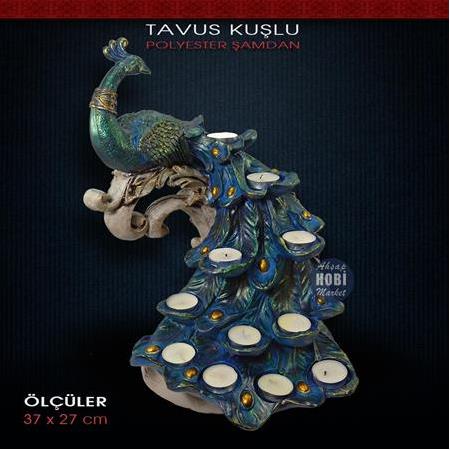 Polyester Tavus Kuşlu Dev Şamdan Mumluk (37x27cm)