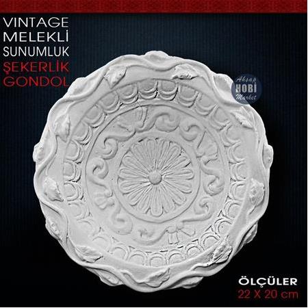Vintage Melekli Sunumluk Gondol Şekerlik (22x20 cm) Ham Polyester