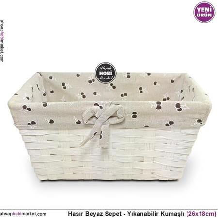 Hasır Beyaz Sepet Yıkanabilir Krem Kumaşlı (22x22cm)
