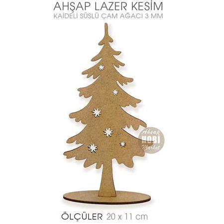 Süslü Çam Ağacı Yılbaşı Süsü (20x11 cm) Ahşap Lazer Kesim
