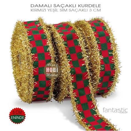 Damalı Kurdele Gold Saçaklı Kırmızı Yeşil En 3cm - 1 Metre
