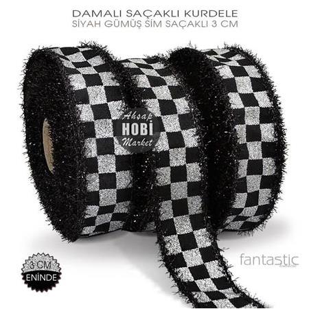 Damalı Kurdele Siyah Saçaklı Gümüş Siyah En 3cm - 1 Metre