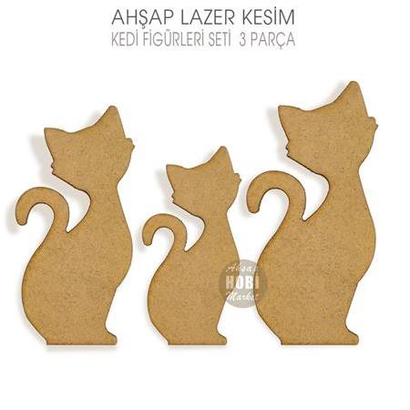 Kedi Figürleri Seti (3 Parça) Lazer Kesim Ahşap