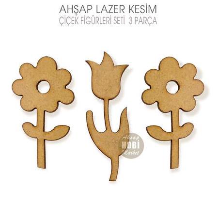 Çiçek Figürleri Seti (3 Parça) Lazer Kesim Ahşap