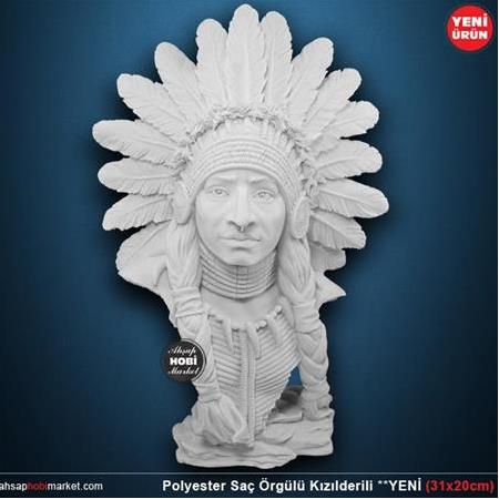 Polyester Saç Örgülü Kızılderili Heykeli YENİ (31x20cm)