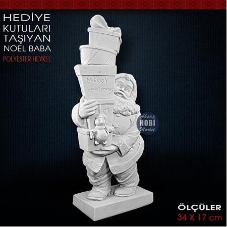 Hediye Paketi Taşıyan Noel Baba Heykeli (34x17 cm) Ham Polyester