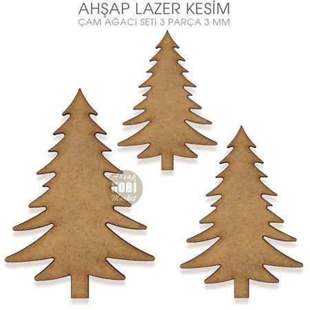 Lazer Kesim Ahşap 3'lü İğneli Çam Ağacı Seti