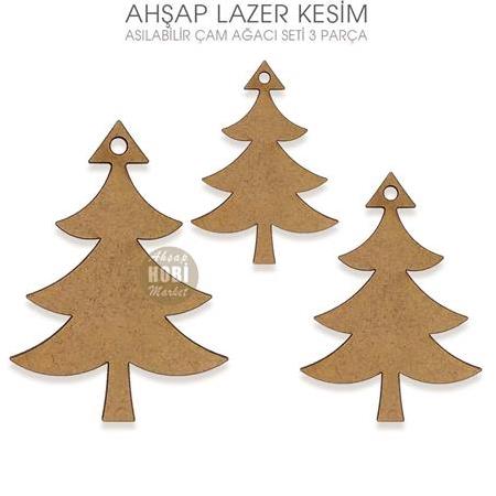 Asılabilir 3'lü Çam Ağacı Seti Lazer Kesim Ahşap