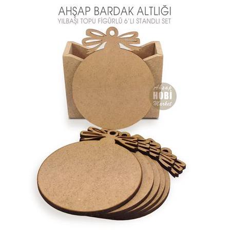 Ahşap Bardak Altlığı Yılbaşı Topu Figürlü 6'lı Standlı
