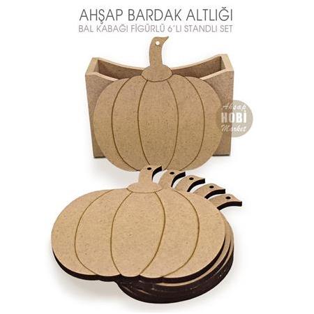Ahşap Bardak Altlığı Bal Kabağı Figürlü 6'lı Standlı