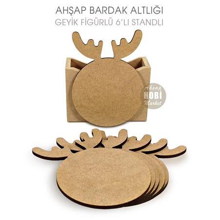 Ahşap Bardak Altlığı Geyik Figürlü 6'lı Standlı