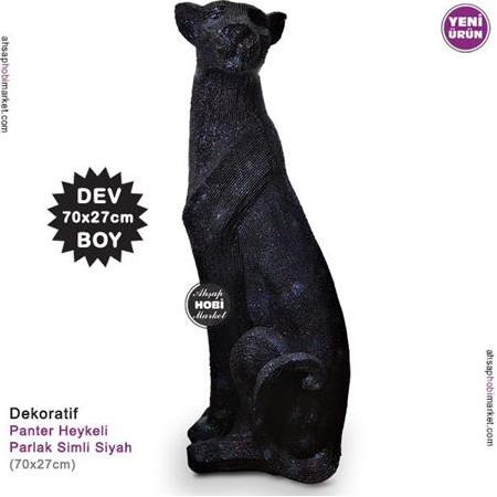 Dekoratif Panter Heykeli Dev Boy Simli Siyah (70x27cm)