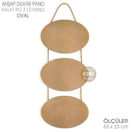 Ahşap Halat İpli 3'lü Oval Duvar Pano (63x23 cm)