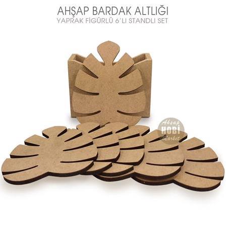 Ahşap Bardak Altlığı Palmiye Yaprağı Figürlü 6'lı Standlı