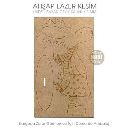 Kadın Geyik Yılbaşı Süsü (18x13 cm) Ahşap Lazer Kesim