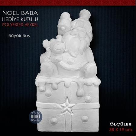 Noel Baba Heykeli Hediye Kutulu Büyük (38x19 cm) Ham Polyester