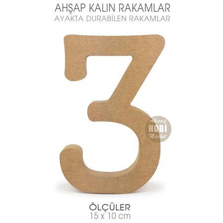 Ayakta Durabilen Kalın 3 Rakamı (15x10 cm) Ham Ahşap