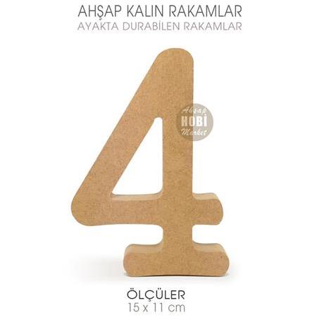 Ayakta Durabilen Kalın 4 Rakamı (15x11 cm) Ham Ahşap