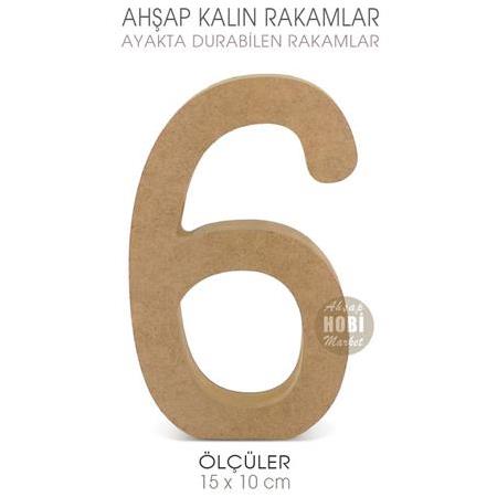 Ayakta Durabilen Kalın 6 Rakamı (15x10 cm) Ham Ahşap