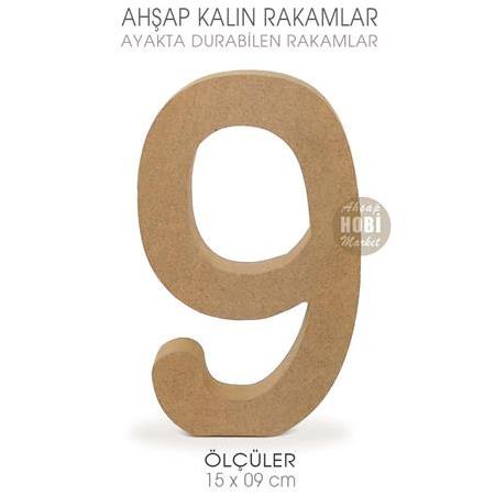 Ayakta Durabilen Kalın 9 Rakamı (15x9 cm) Ham Ahşap
