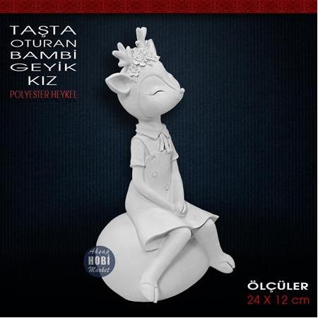 Taşta Oturan Bambi Geyik Kız Biblo (24x12 cm) Ham Polyester