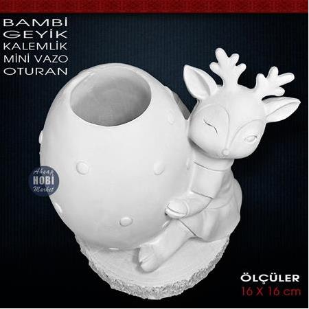 Bambi Geyik Kalemlik Vazo Oturan (16x16 cm) Ham Polyester